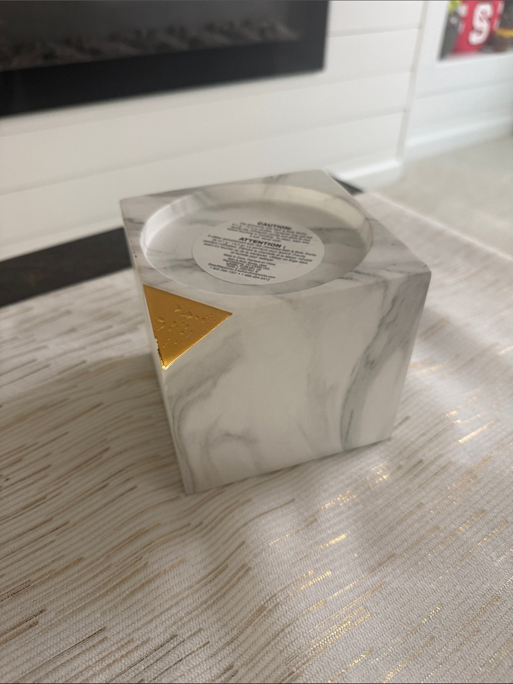 Bath & Body Works White Marble-Effect Cube Candle Holder with Gold Accent